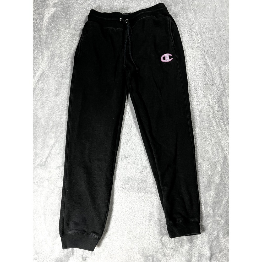 Champion Reverse Weave Women Size Medium Black Jogger Sweatpants Big Pink C